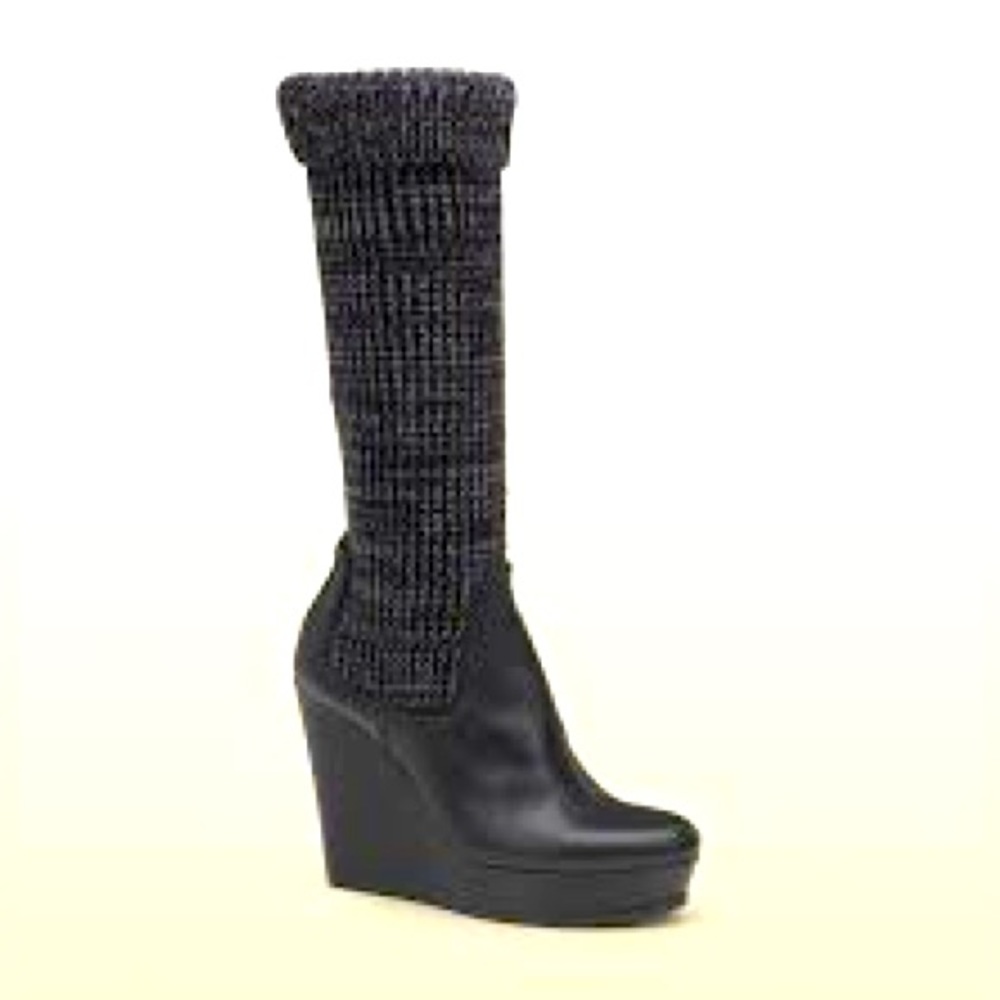 Gucci black leather knit socks wedged boot